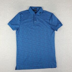 J Lindeberg Polo Shirt Mens Small Blue Spell Out Regular Fit Performance Golf